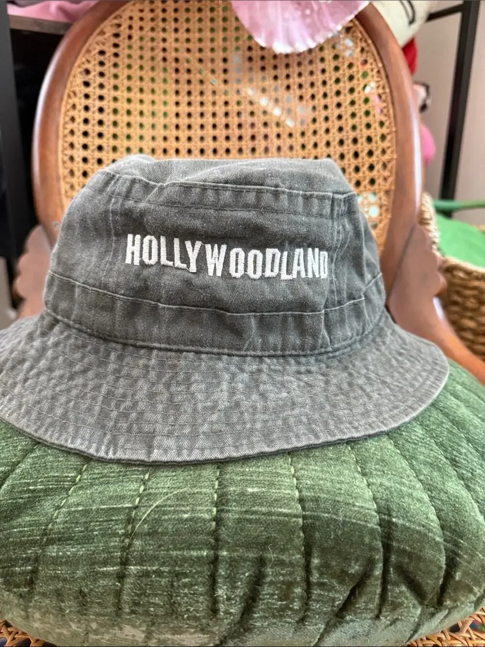 Vintage 90s/Y2K Hollywoodland Washed Gray Tinseltown Retro Stitched Bucket Hat